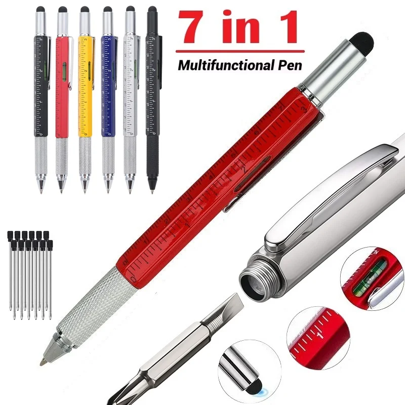 Nouveau stylo multifonction 7-en-1 avec/sans 10 recharges, règle de mesure CM/pouces, tournevis, stylet pour écran, niveau à bulle