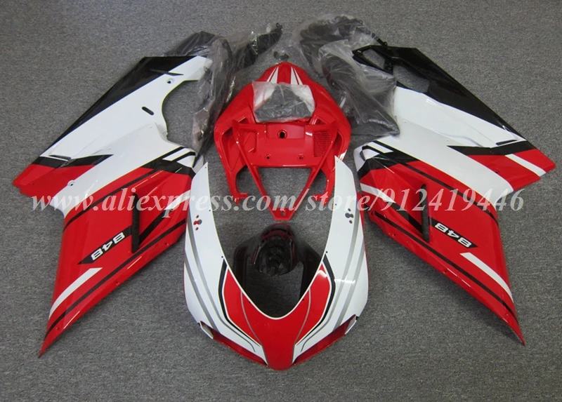 4Gifts New ABS Fairings Kit Fit for Ducati 848 1098 1198 Evo 2007 2008 2009 2010 2011 2012 Bodywork Set Red White Glossy