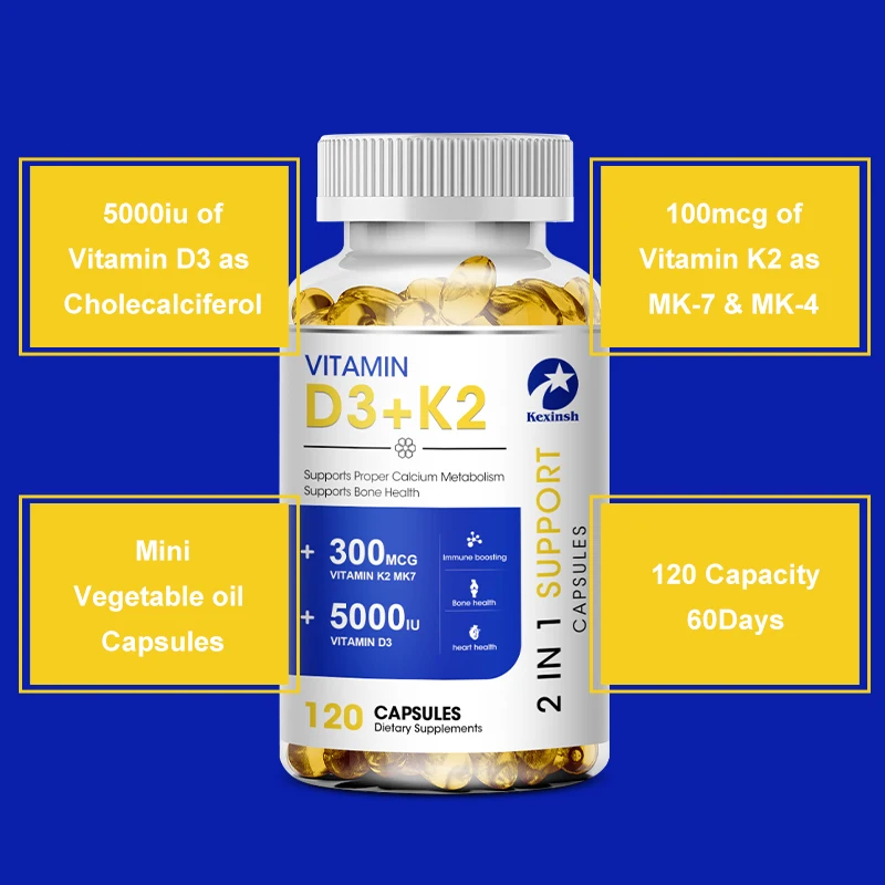 Kexinsh Vitamin D3K2 Capsules 5000iu Vitamin D3 300mcg K2 Support Teeth Bone Heart Health Joint Health