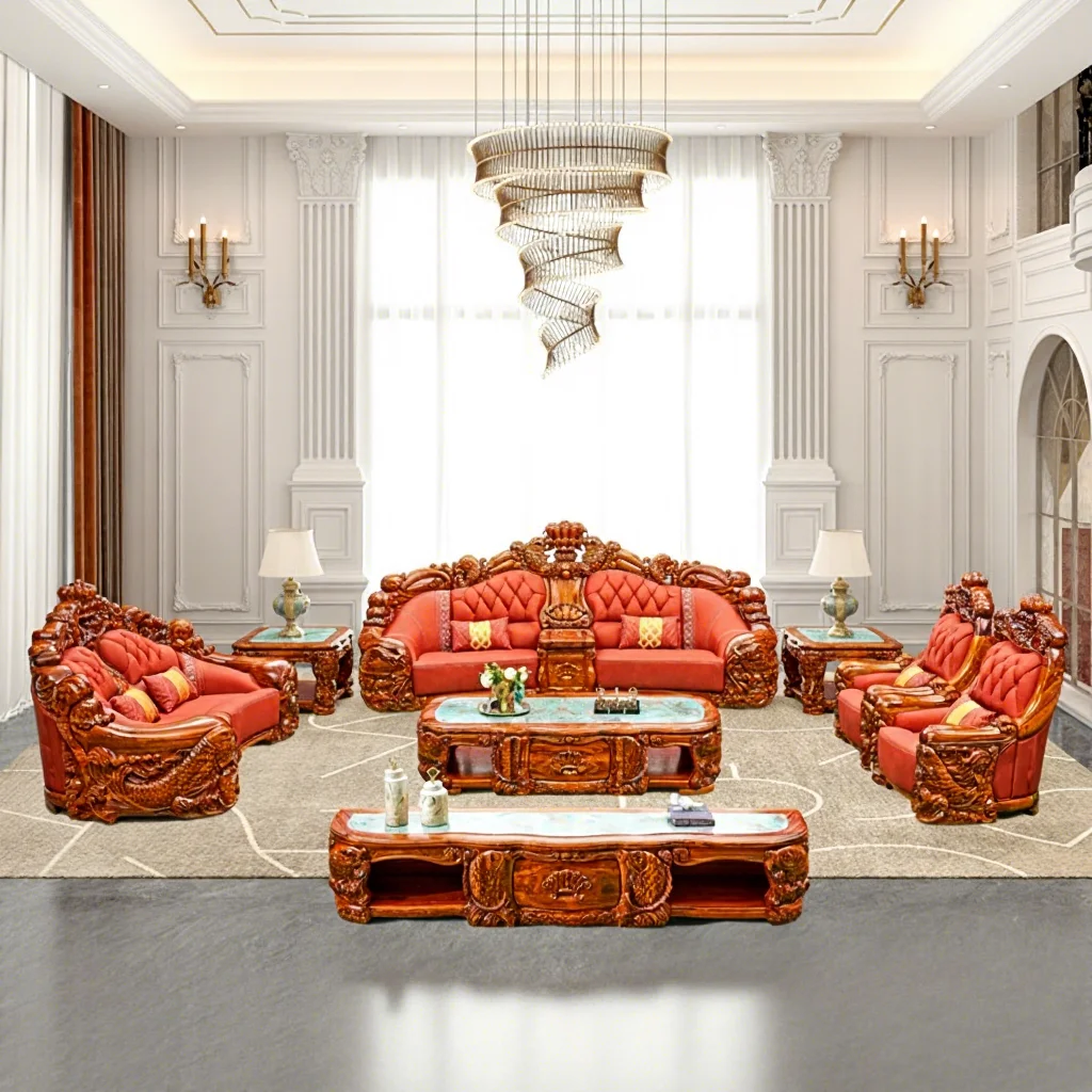 #European Style Villa Living Room Furniture Solid Wood Carving Luxurious Modern Design Top Layer Cowhide Sofa Combination