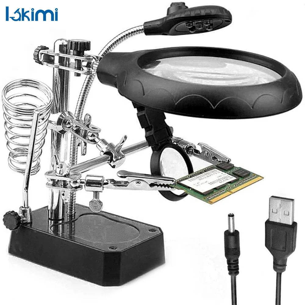 

Лупа-лупа, подставка для паяльника, сварочное увеличительное стекло 3-в-1 со светодиодной подсветкой и вспомогательным зажимом LA-AA82