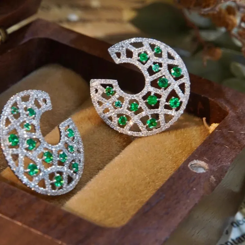 Huitan Big C Shaped Piercing Earrings for Women Full Bling Iced Out Green/White Cubic Zirconia New Fashion Female Jewelry Gift