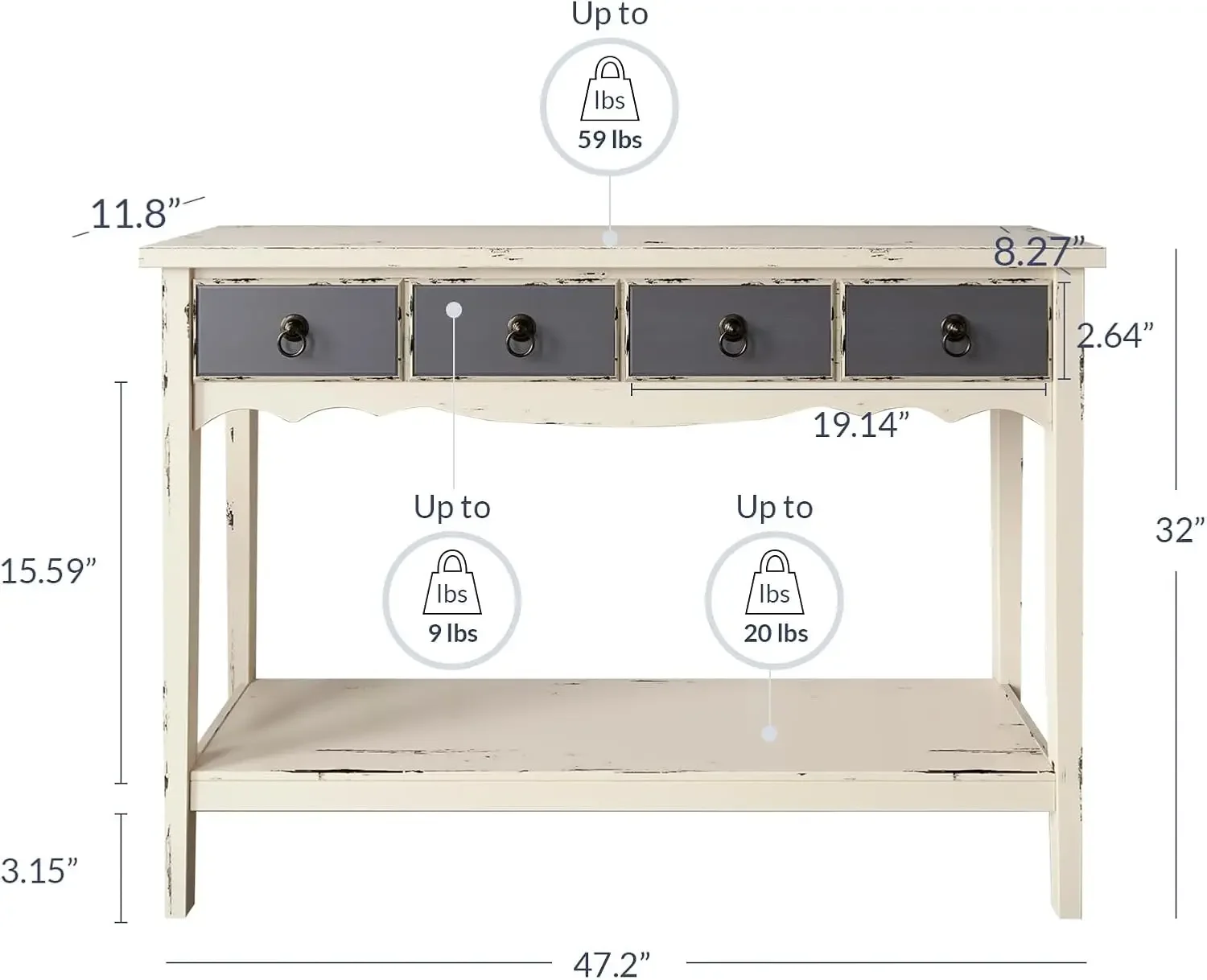 Hand Painted 47 Inch Entryway Hall Console Storage Table, Two Tone Accent Farmhouse Style Sideboard Decor, Distressed Antique