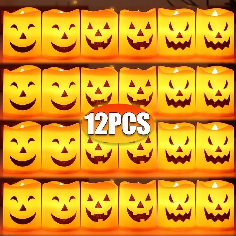 شمعة قرع إلكترونية عديمة اللهب ، تعمل ببطارية ليد ، شموع الهالوين ، مصباح ديكور منزلي ، زخارف حفلات ، دعائم ، 12-6.