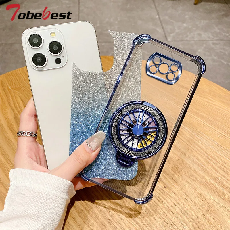 Glitter Shockproof Gradient Plating Gyro phone holder Case For Xiaomi POCO X3 NFC Pro Silicone Cover