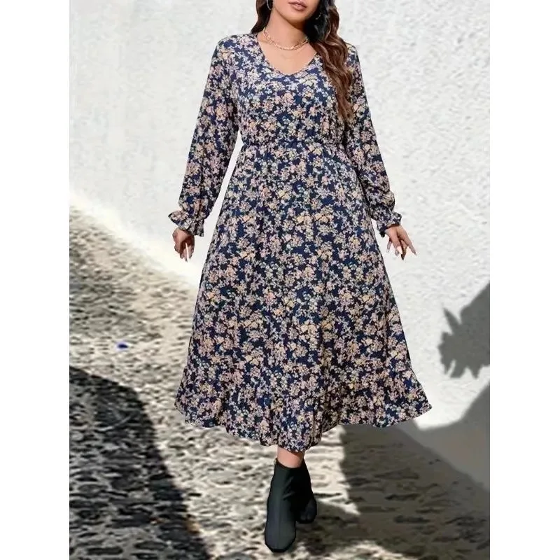 Plus Size 1XL-5XL Freizeitkleid Damen Plus Blumendruck Laternenärmel V-Ausschnitt Kittelkleid