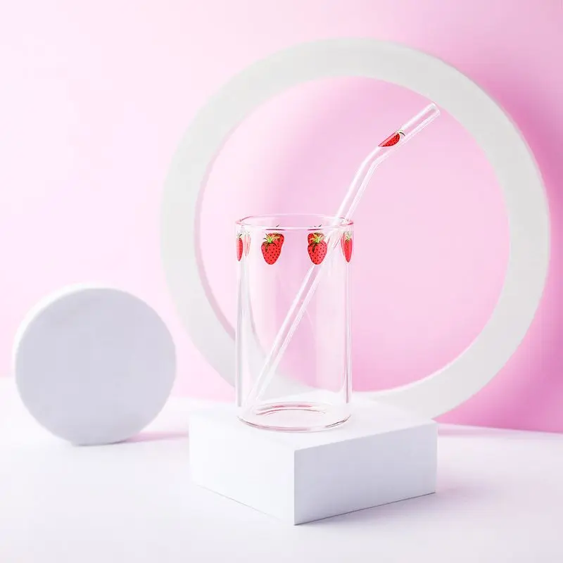 Ins Nana Strawberry Glasses Heat Resistant Coffee Milk Water Cups with Straws Clear Cute Juice Smoothie Cold Drinks Straw Cup