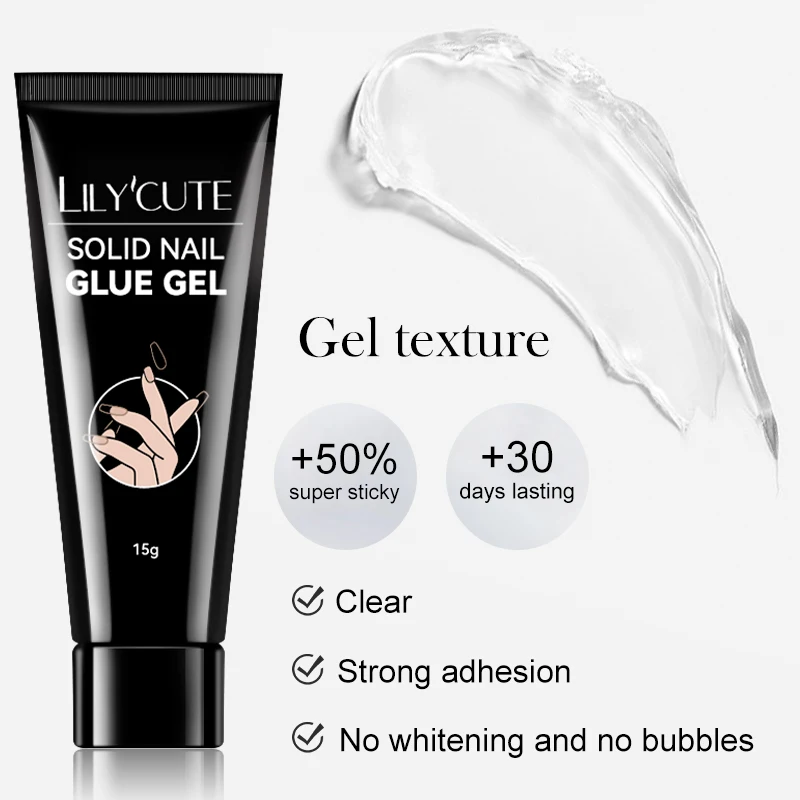 LILYCUTE 15g Gel à ongles solide pour faux conseils étendre la presse sur les ongles longue durée forte adhérence tremper le vernis à ongles Gel UV pour pointe