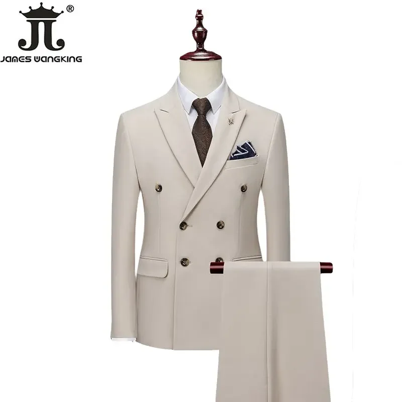 Blazer Pants High End Brand Solid Color Formal Casual Business Office Double Breasted Suit Two-pcs Set Groom Wedding Dress Party