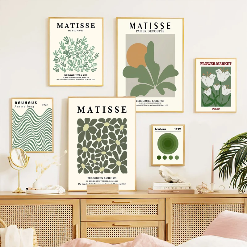 Bauhaus Matisse Abstract Green Aesthetic Canvas Painting Flower Market William Morris Poster Wall Art Decor Bedroom Living Room