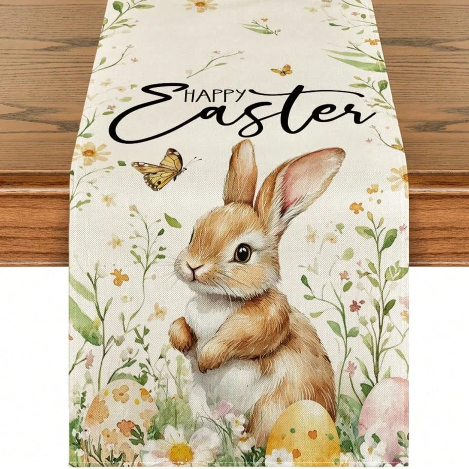 1 Stück Osterhasen- und Eier-Tischläufer: Leinen 2D-Druck. Elegante Tischdekoration für Küche/Wohnzimmer, für Osterveranstaltungen und Heimdekoration