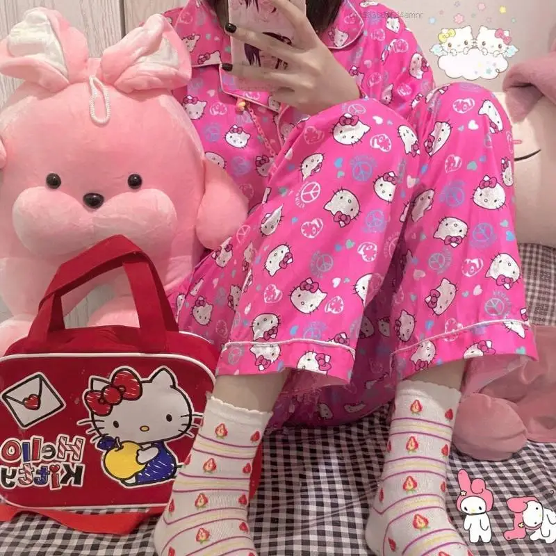 Hello Kitty Pajamas Cute Sanrio Cartoon Pajamas Set Long Sleeved Trousers Cardigan Top Women Clothing Set Sleepwear Home Clothes