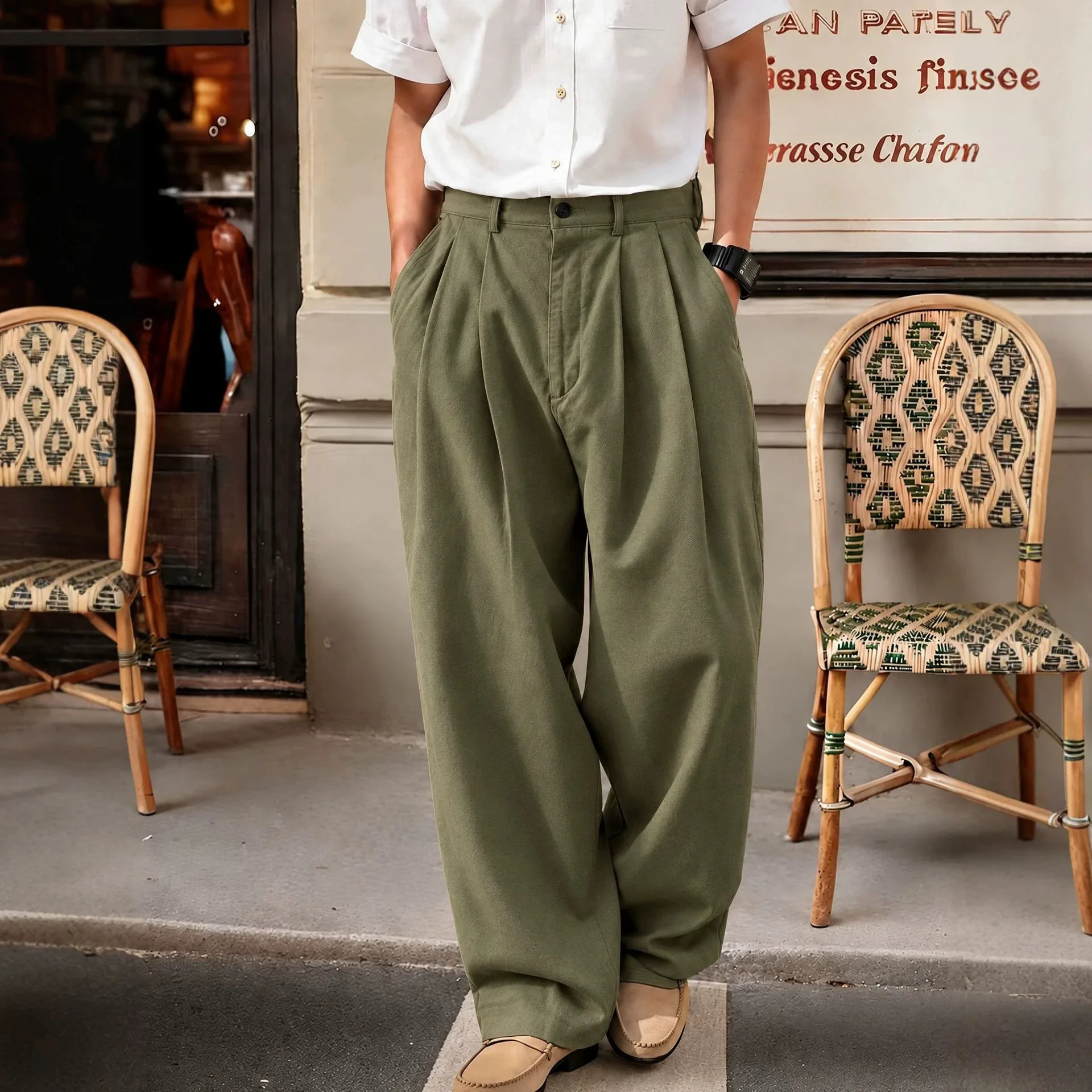 Fashion solid color Linen Men's trousers with a versatile drape business casual pants with active pleats, Men's wide-leg pants,