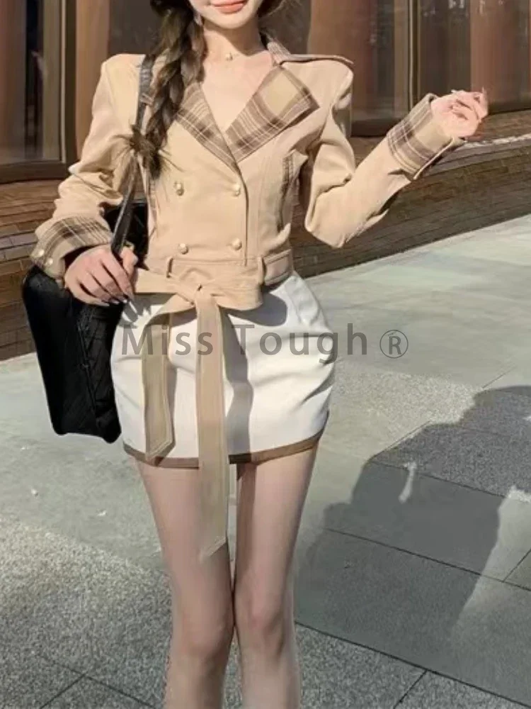 Winter Japanese Sweet Patchwork 2 Piece Set Women Plaid Y2k Belt Coat + White Mini Skirt New Chic Design College Style Suit 2024