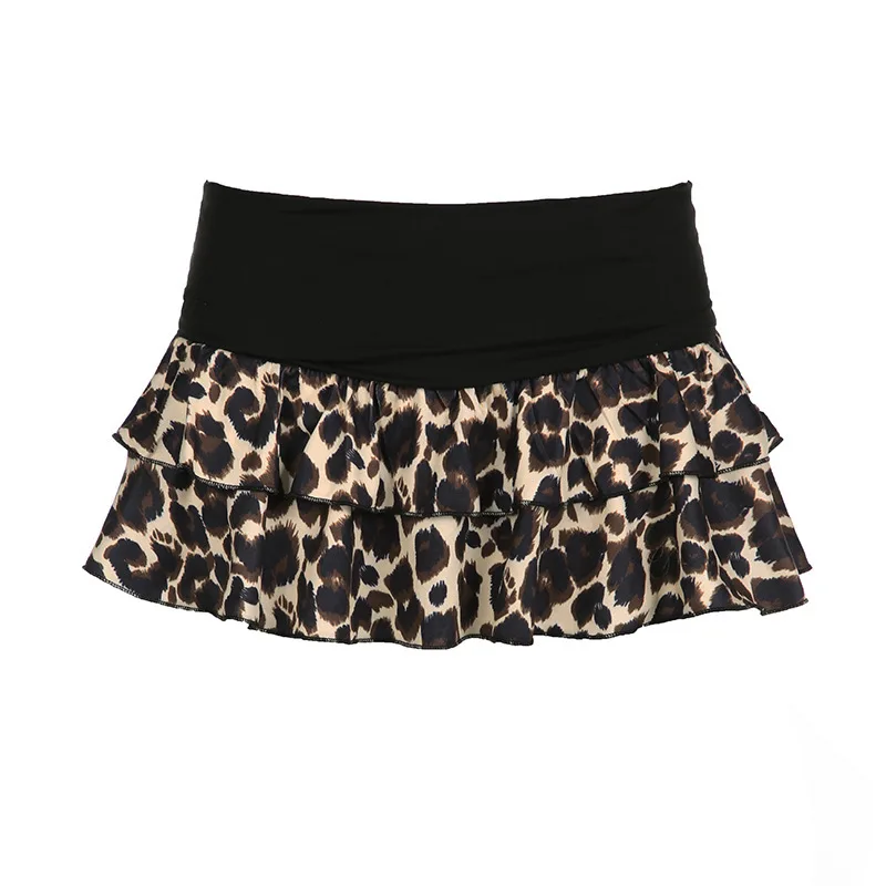 American Spicy Girl Fashion Mini Leopard Print Contrasting Color Street Trendsetters Low Waist With Bottom Pants Cake Skirt