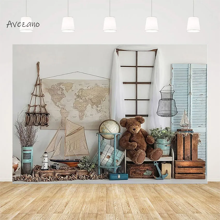 

Avezano Background for Photography Map Globe Sailboat Bear Interior Kids Birthday Portrait Backdrop Photo Studio Decor Photozone