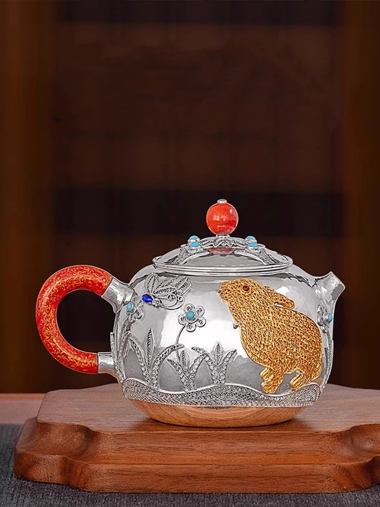 Pure Silver 99.9% Silver Pot Xishi Tea Pot Silver Pot Handmade Silk Inlaid Silver Tea Pot Kung Fu Tea Set