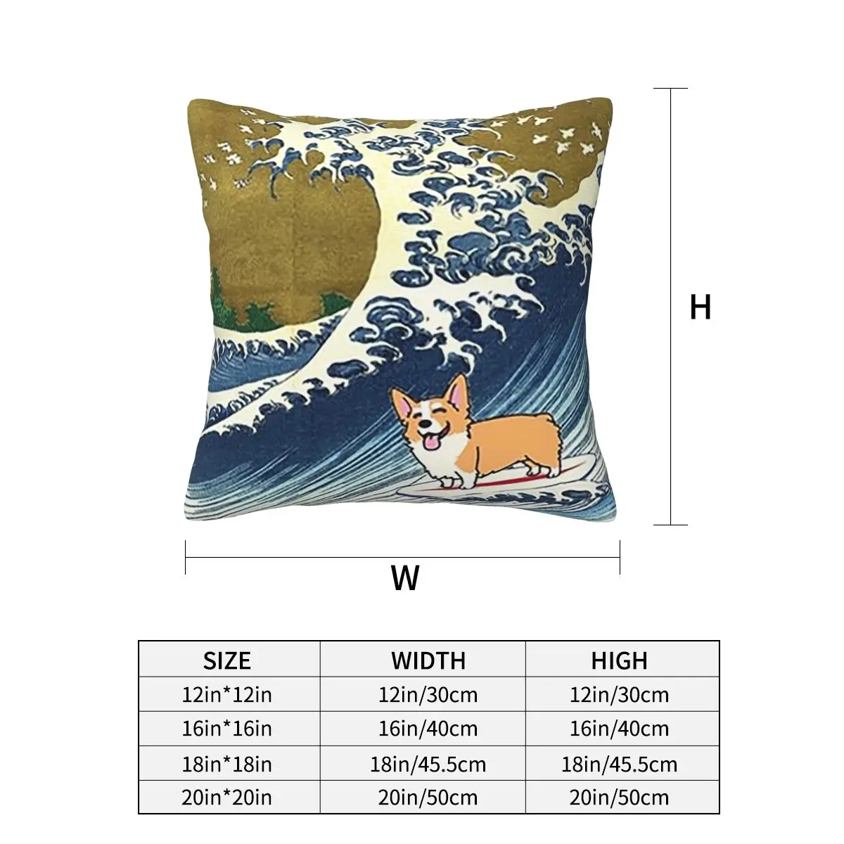 Corgi Dog Surfing The Great Wave Square Pillowcase Cushion Cover Pillow Case Throw Pillow Cover for Home Sofa Living Room