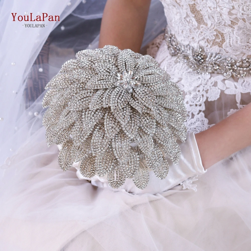 

YouLaPan Bridal Bridesmaid Wedding Bouquet Handmade Round Handheld Flower Luxury rhinestone Bridal Holding Flowers HF01