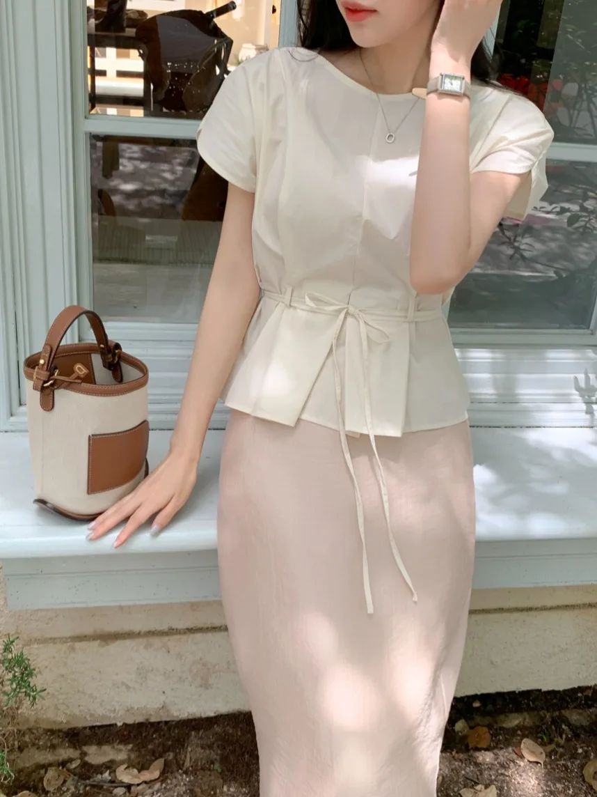 

Slim Fit Chic Summer Shirt Women's round Neck Thin Waist Cinching Sweet Versatile Top Trendy Cotton Color Short Sleeve