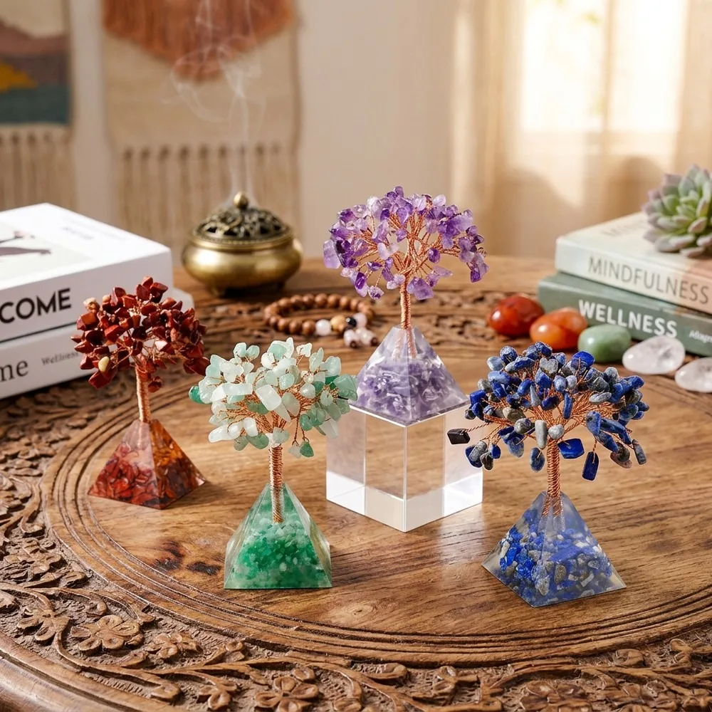 Natural Crystal Tree Ornament Resin Pyramid Base Crushed Stone Feng Shui Desk Decor Home Office Gift