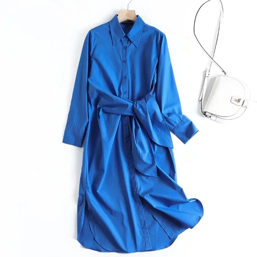 

Maxdutti Elegant Klein LAN Vintage Poplin Bow Straight Midi Dress Women Long Shirt Dress England France Style Fashion