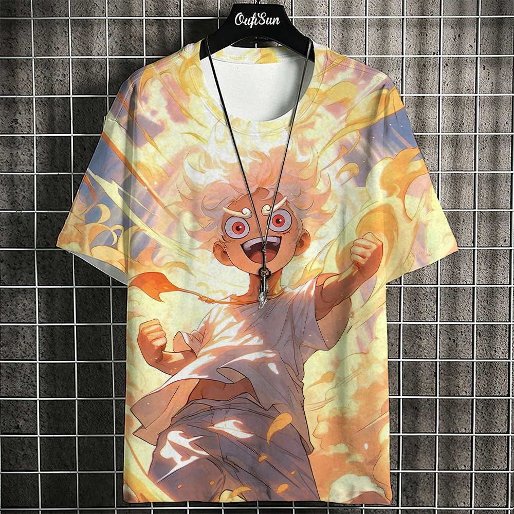 One Piece Luffy Gear 5 & Crew bedrukt T-shirt, met levendig anime-personageontwerp, perfect voor streetwear, anime-evenementen