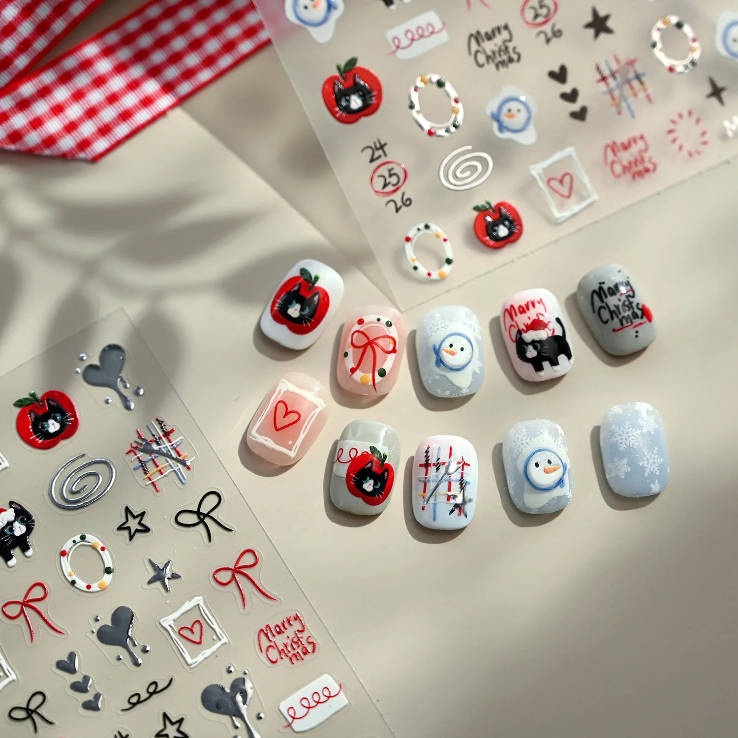 Guirnalda de muñeco de nieve de gato negro, lazo de estrella, Lava, amor, corazón, manzana, sombrero de Navidad, conejo, pegatinas autoadhesivas para decoración de uñas, calcomanía para manicura