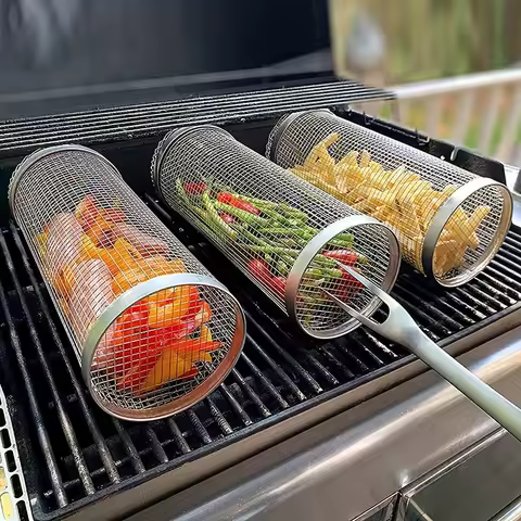 Barbecue Cages Barbecue Grill Grate Camping Picnic Cookware Outdoor Round BBQ Campfire Grill Grid Rolling Grill Basket