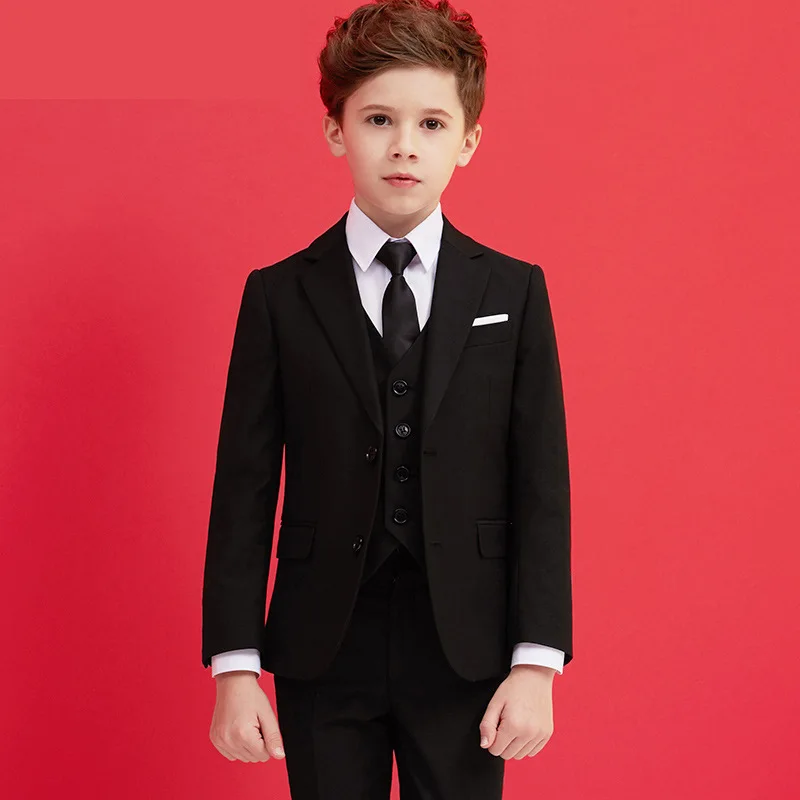 

Flower Boys Black Red 4Pieces/Set Jacket Vest Pants Bowtie Wedding Suit Kids Formal Birthday Dress Children Party Show Costume
