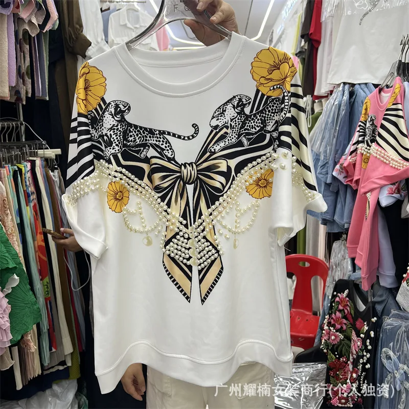 Trendy New Spring Summer Loose Women T-shirt Pearl Beading Round Neck Pullover Top All-match Fashionable Short Sleeve Casual Tee