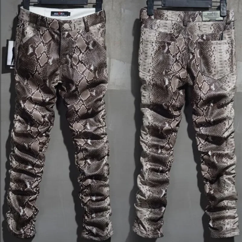 2024 Mode Mannen Slanke Faux Python Slangenprint Leren Broek Mannen Persoonlijkheid Pu Lederen Broek Chandal Mannelijke Hoge Kwaliteit