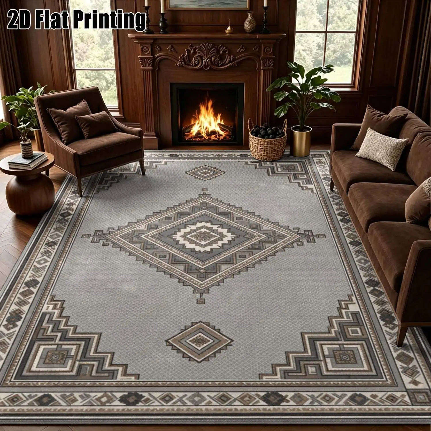 1Pc 2D Printed Blue-Grey Geometric Diamond Nordic Vintage Bohemian Carpet, Multi-Size Machine Washable, Ideal for Entrance, Living Room, Bedroom, Dining Room & Foyer Home Decoration