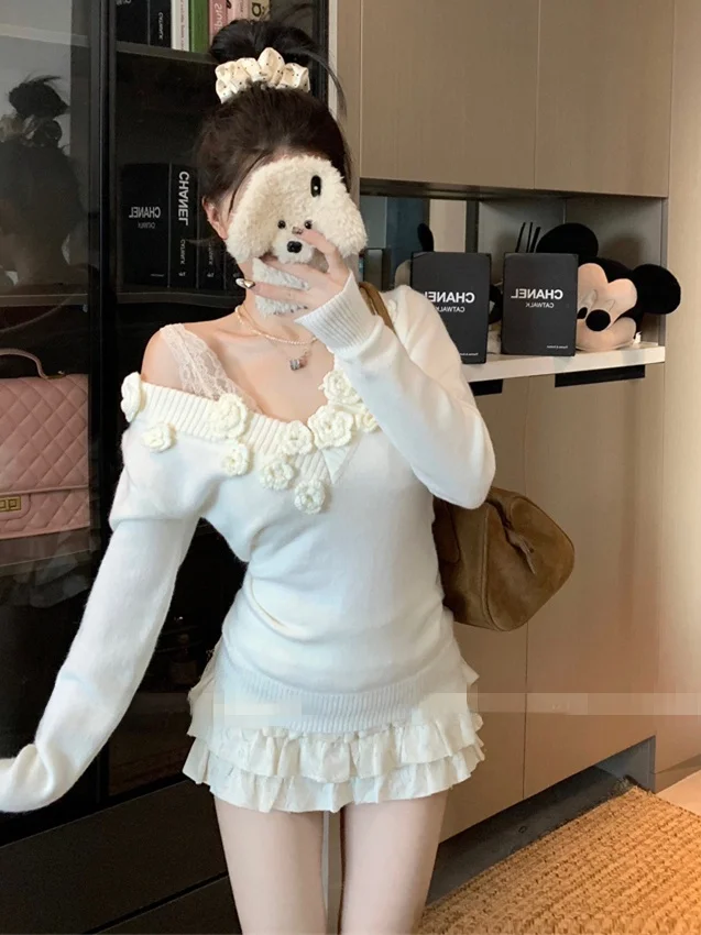 

Новый модный женский облегающий вязаный свитер с V-образным вырезом и длинными рукавами, с 3D-цветочным узором, для осени