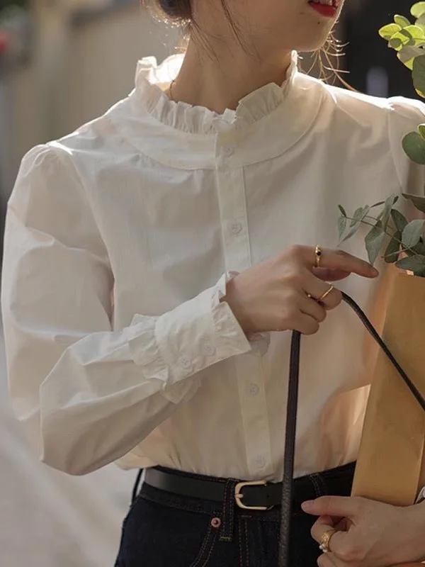

Белая кружевная блузка с длинным рукавом для женщин: новая осенне-зимняя коллекция, элегантный и красивый топ из полиэстера, повседневный модный стиль
