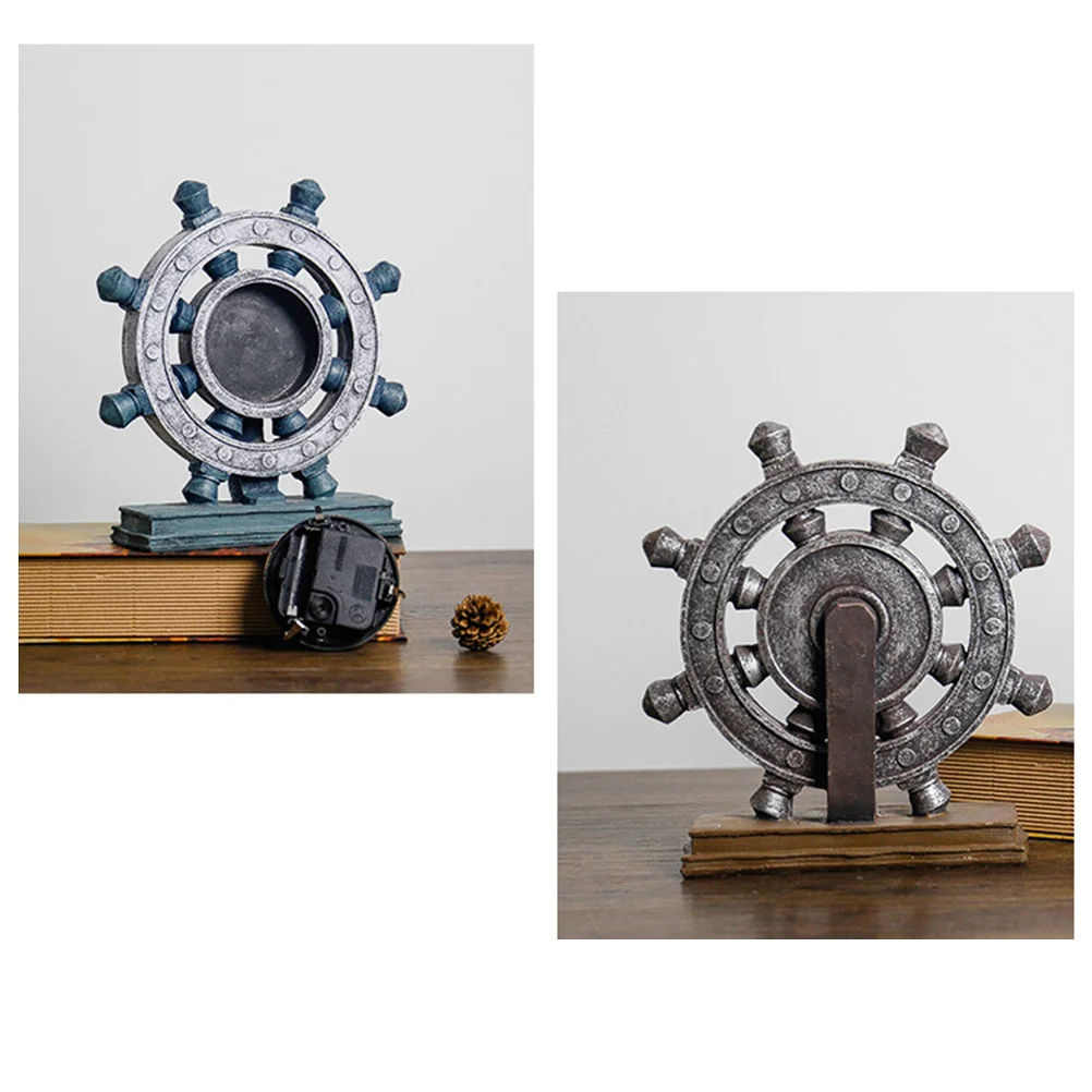 

Vintage Nautical Rudder Clock Ornament Retro Blue Desktop Decoration for Home Cafe Office Showcase Window -Free