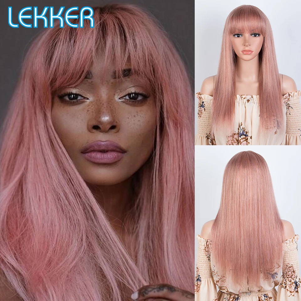 Lekker Rose Pink Bone Straight 100% Human Hair Wigs With Bangs For Women Brazilian Remy Hair Glueless Colored Long Wigs