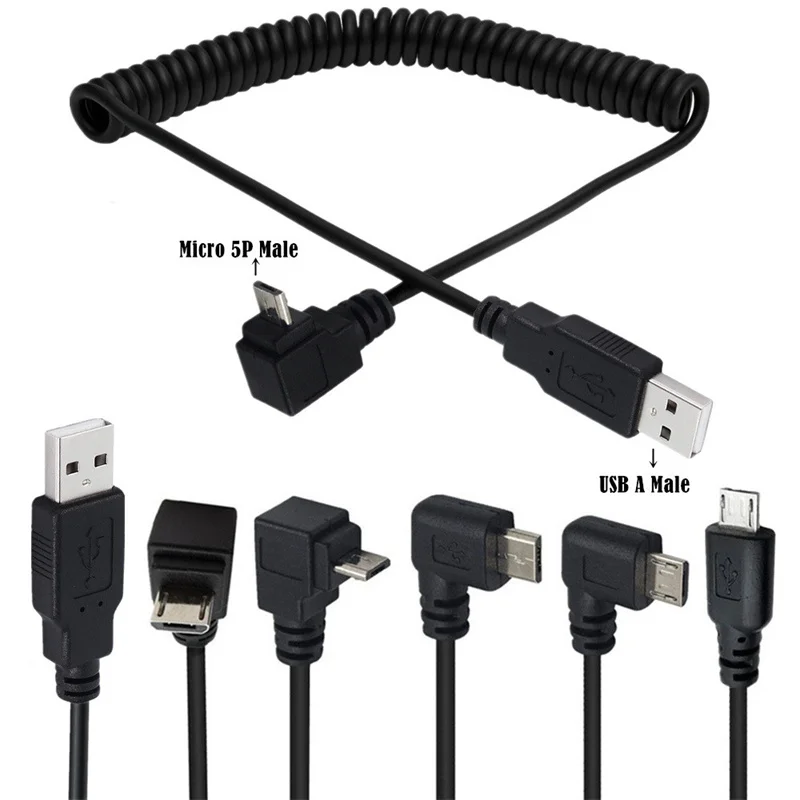 Spring Spiral Coiled USB 2.0 A male to Up & Down & Left & Right Angled 90 Degree Micro 5Pin 5P  Male  plug Cable