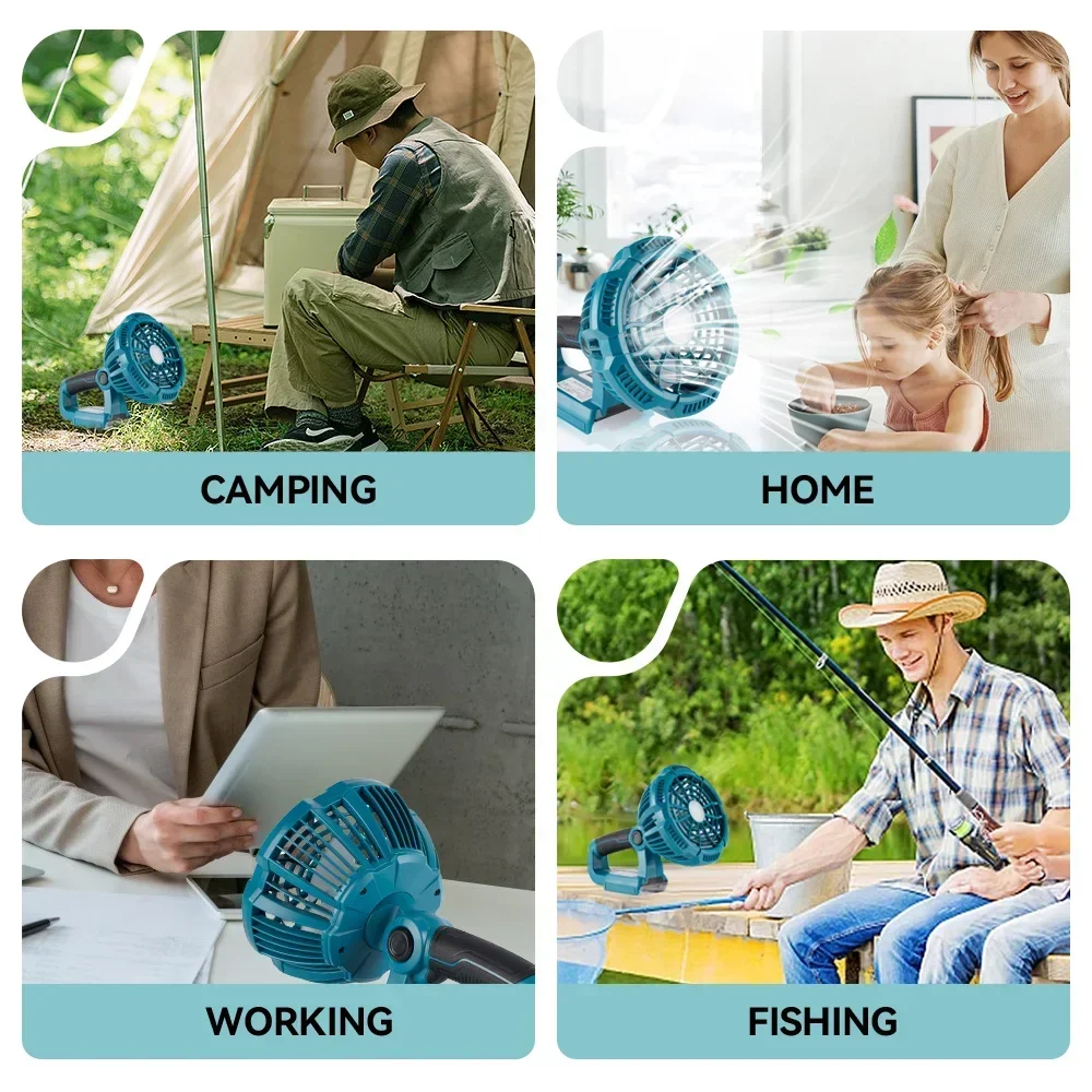 Wireelife Electric Camping Fan 3Speed Portable Outdoor Cordless Electric Fan With Light Table Fan For Makita 18V Battery