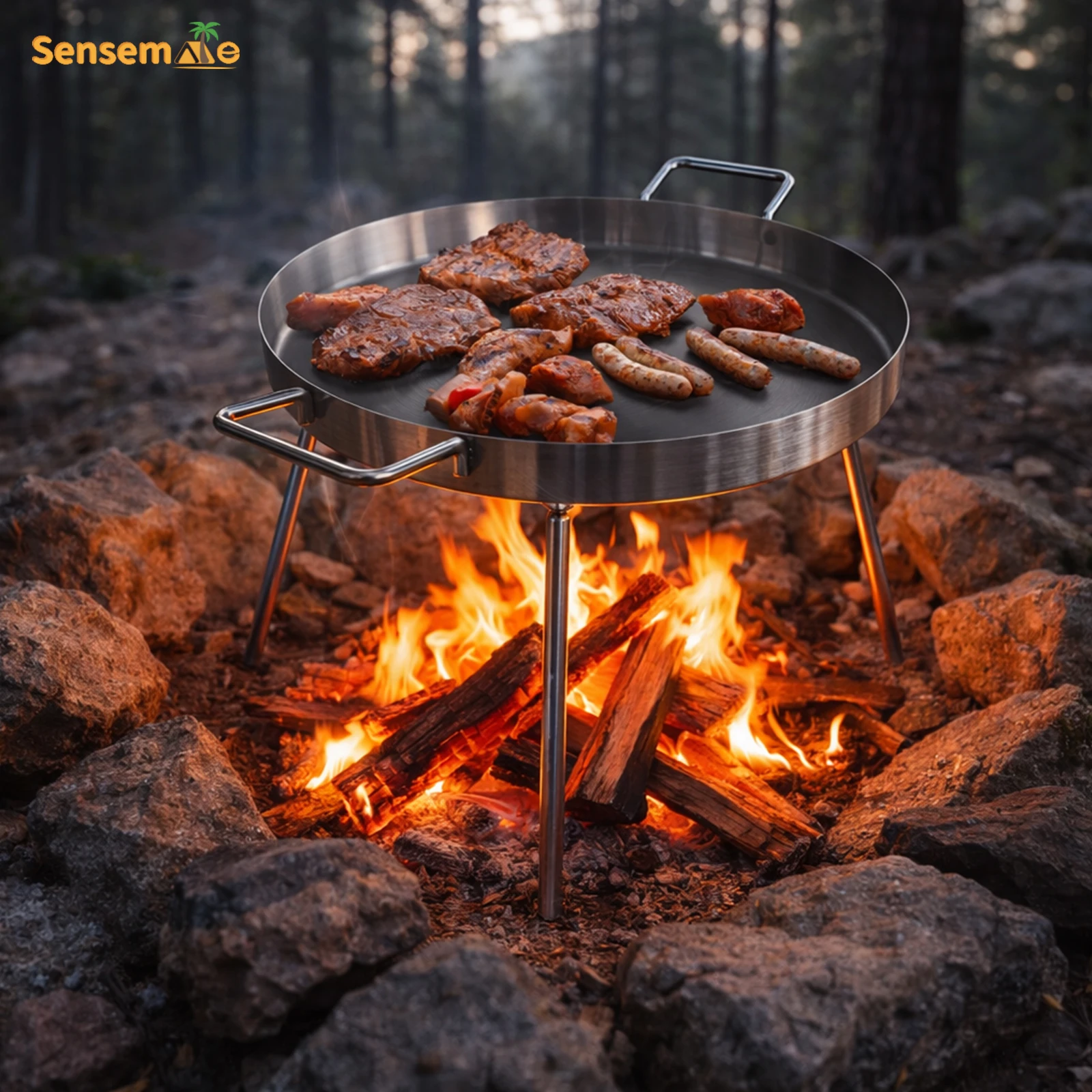 

Усиленная портативная сковорода-гриль из нержавеющей стали для костра с отсоединяемыми ножками, посуда для приготовления на дровах на открытом воздухе для пикника