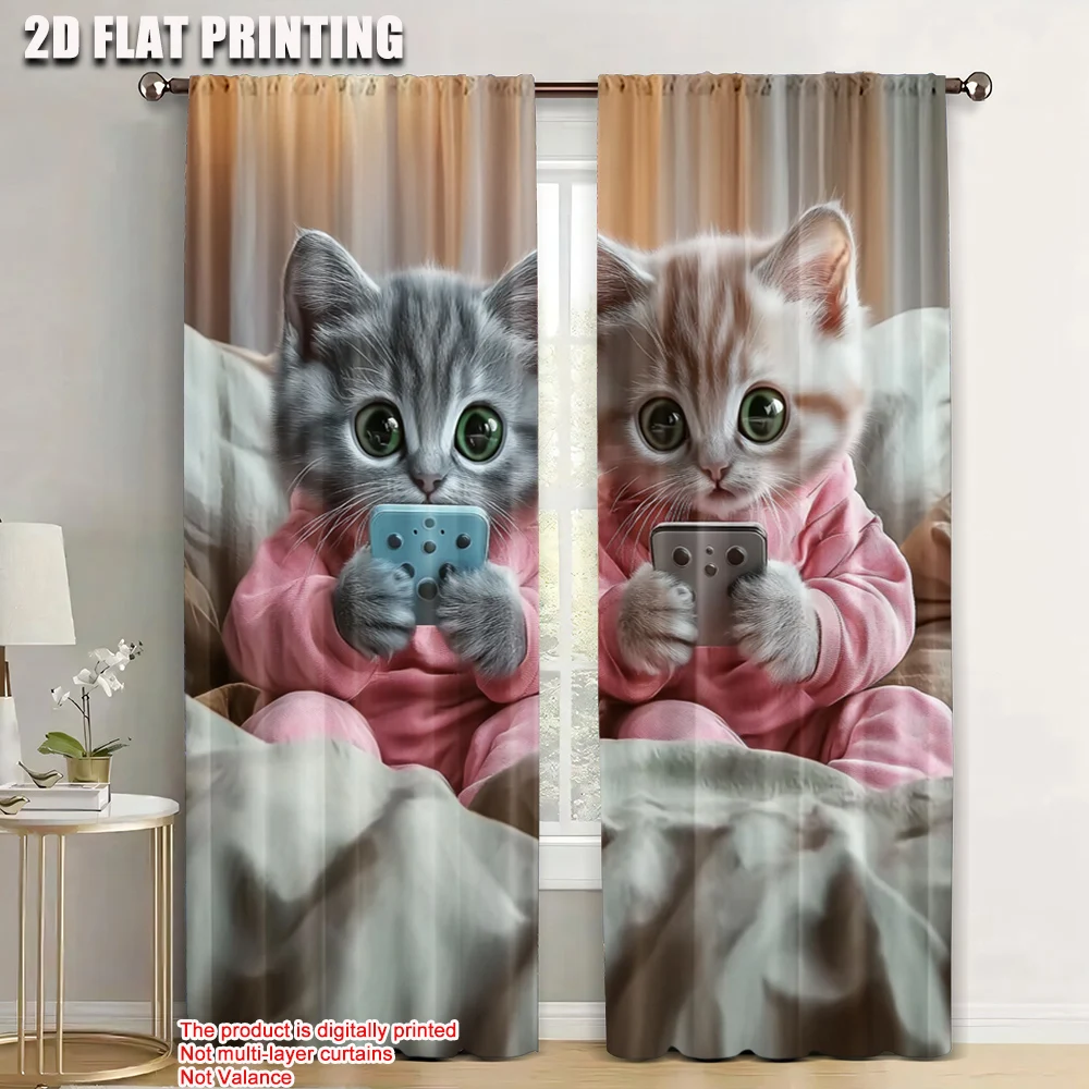 

2pc, Curtains Cute Cat 100% Polyester,Without Electricity summer party decorations for Home Daily Decor