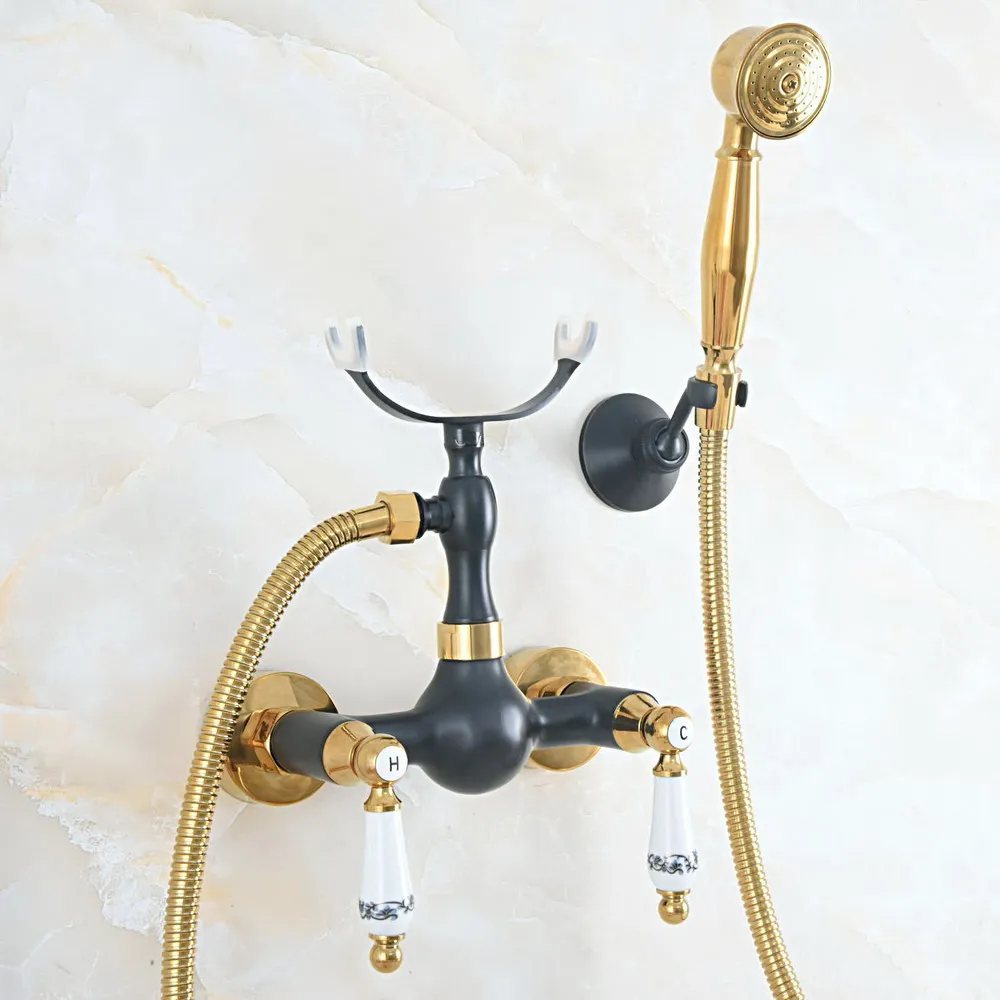 

Black Oil Rubbed & Gold Brass Wall Mounted Bathroom Hand Shower Faucet Set with 1500MM Hose Handheld Spray Head Mixer Tap Dna558