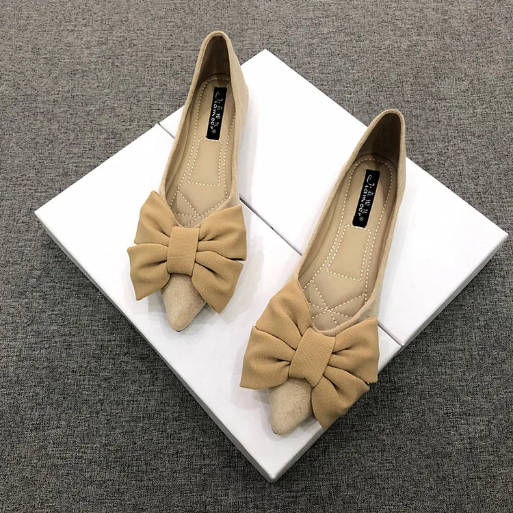 Women Flats Spring Summer Butterfly-knot Bow Velvet Flock Leather Flat Shoes for Women Black Red Apricot Zapatillas Mujer 44 45