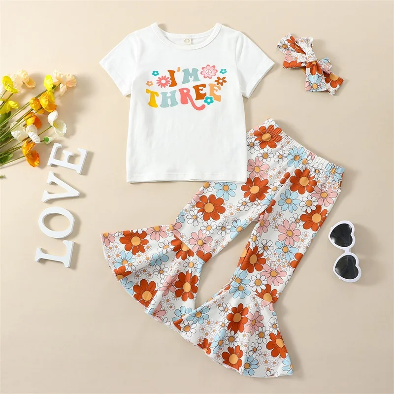 Toddler Baby Girl First Birthday Outfit One Groovy Print Short Sleeve Romper Shirt Floral Bell Bottom Pants 1st -5th