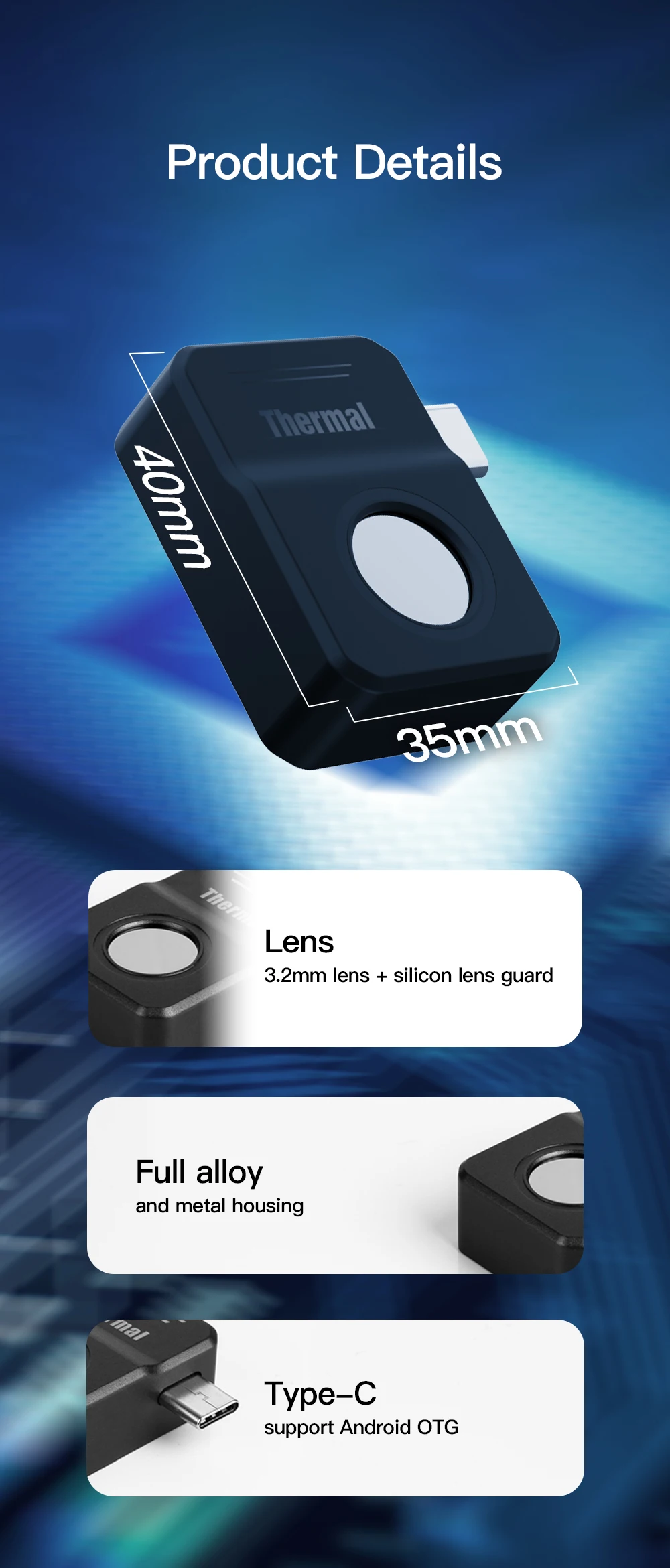 Smallest Infrared Thermal Camera for Android Smartphones Type-C USB,full Alloy Housing with IR High Resolution 256x192