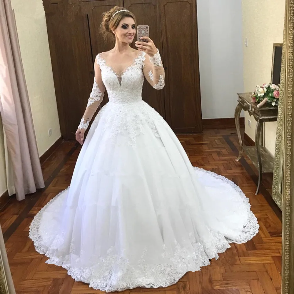 vestido de noiva Illusion Ball Gown Wedding Dresses Long Sleeve Wedding Dress Lace Appliques Beads Robe de