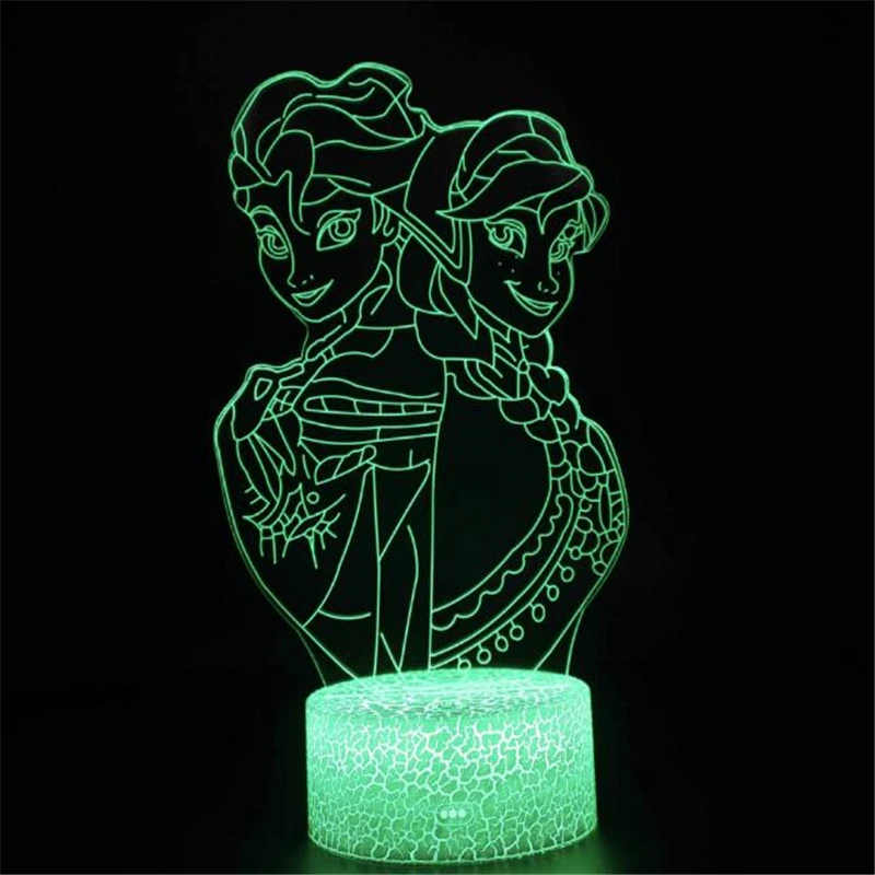 Frozen Princess 3D Visual Lamp Anna Elsa Figurine Tinker Bell LED Night Light Acrylic Illusion Table Lampara Home Toys Lighting