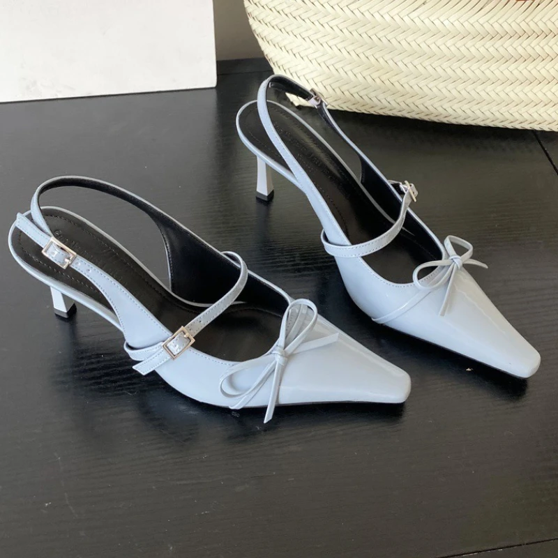 

Сексуальные женские модные вечерние модельные туфли на высоком каблуке с острым носком и узлом-бабочкой, женские элегантные сандалии из лакированной кожи, женские туфли-лодочки