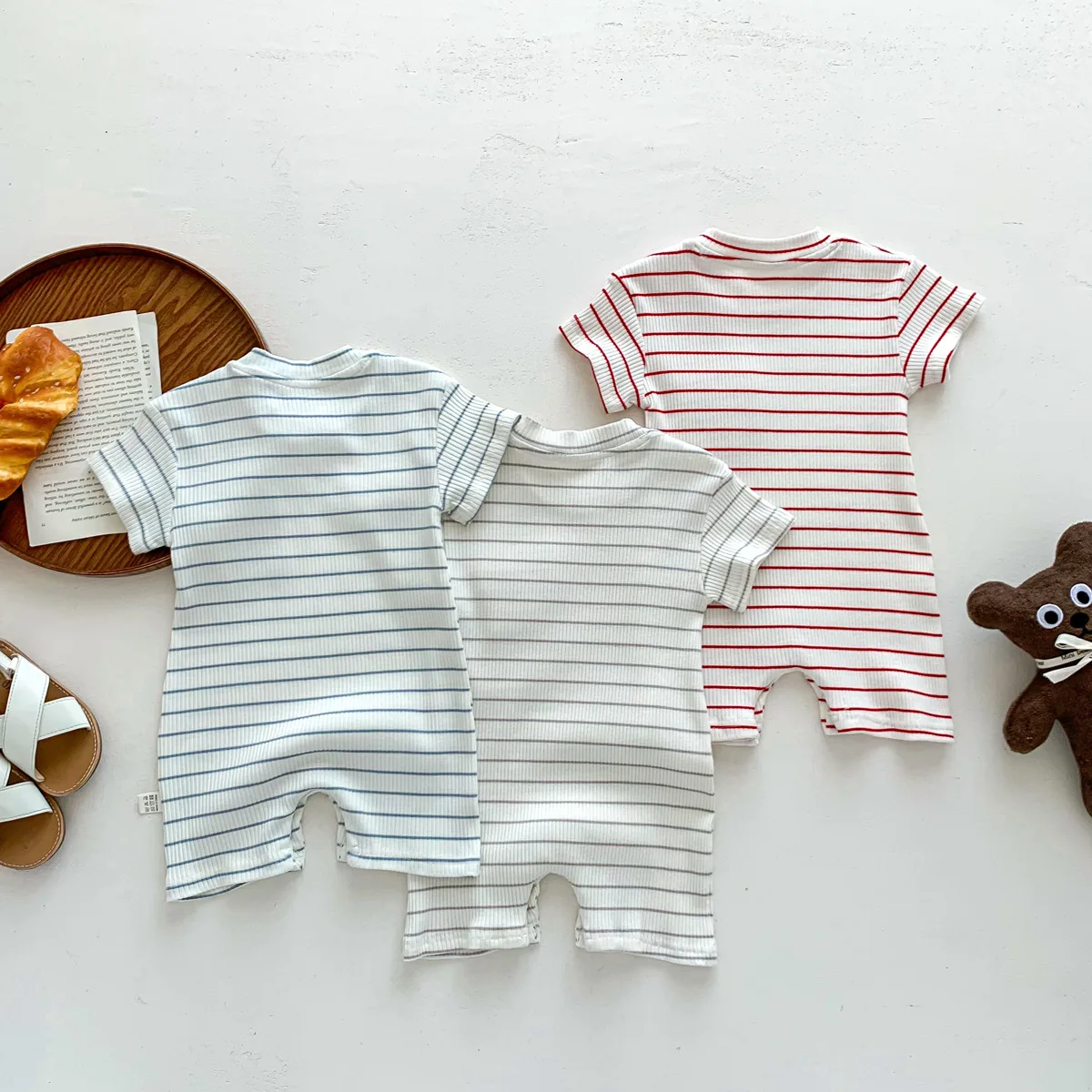 Summer One-pieces Toddler Romper 아동복 Newborn Baby Girls Boys Stripe Packet Patch Bear Outwear Infant Kids Cotton Jumpsuits