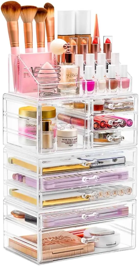 Large Clear Makeup Organizer - Detachable 4-Piece Jewelry & Make Up Organizers and Storage Set - Spacious Cosmetic Display Tower